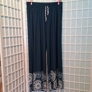 Elegant Navy Wide Leg Pants with Floral Embroidery 6718